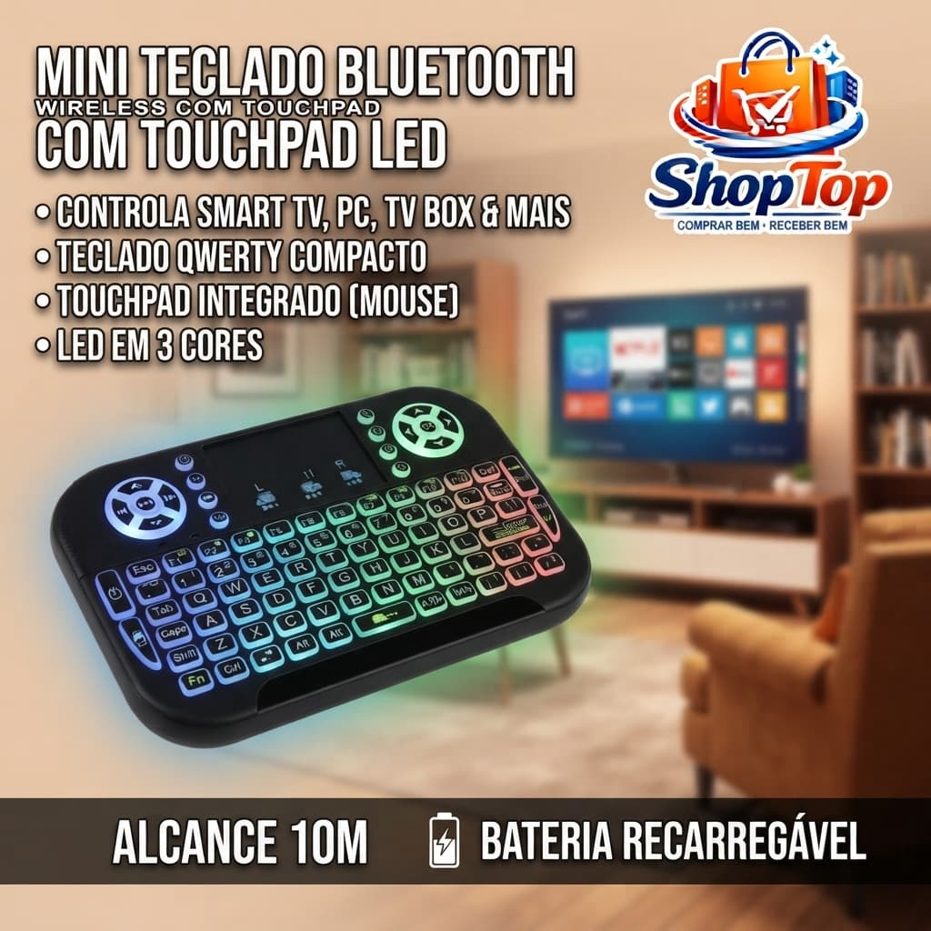 Mini Teclado Bluetooth Wireless com Touchpad LED para Smart TV PC Android TV Box