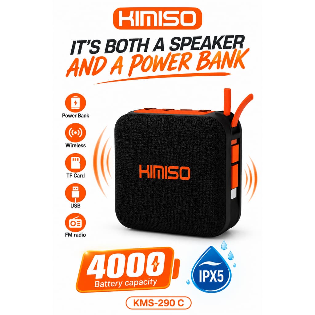 Caixa De Som Bluetooth 5.3 Kimiso KMS-290 2 Em 1 Power Bank 4000mAh Resistente À Água IPX5