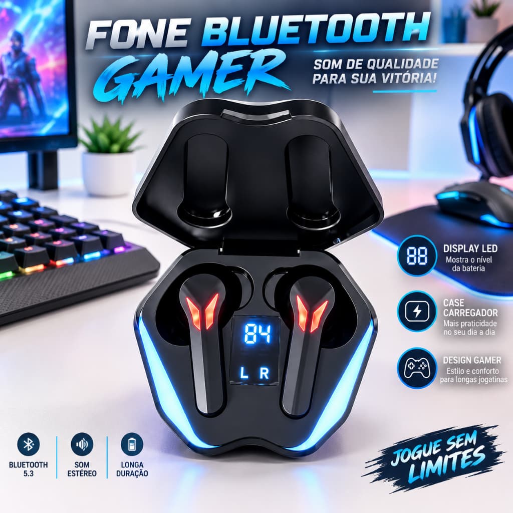 Fone de Ouvido Bluetooth Gamer TWS Sem Fio com Case Carregador Display LED USB-C para Celular Tablet Jogos e Música
