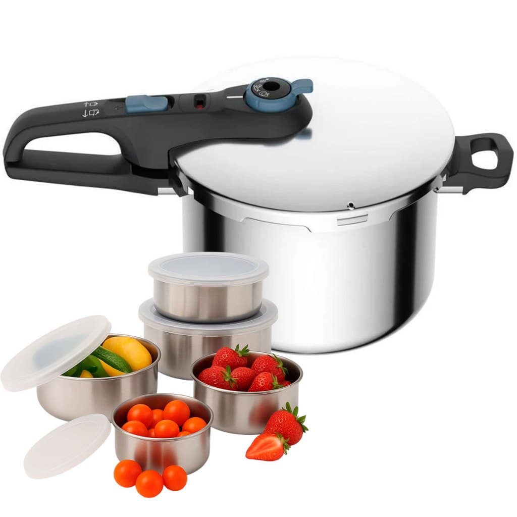 Panela de Pressão Rochedo Trendy 6 Litros Aço Inox Fundo Triplo e Indução Com Jogo de 5 Potes Inox