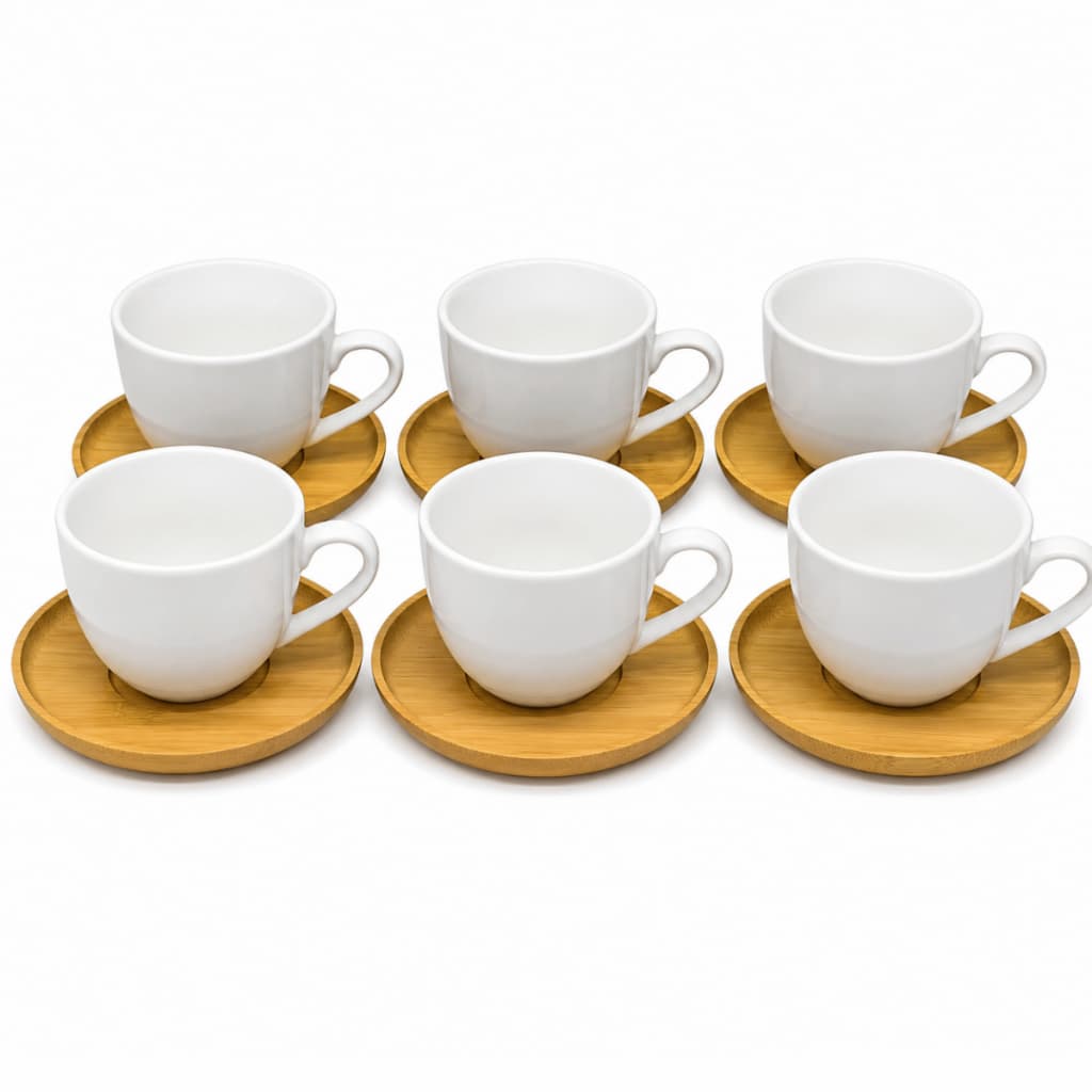 Jogo 6 Xícaras de Café 90ml Brancas com Pires de Bambu Kit 12 Peças