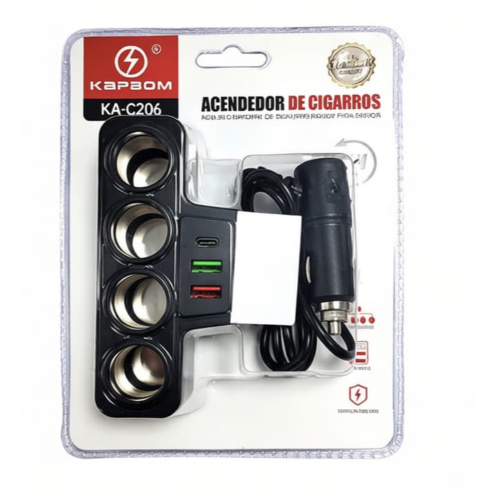 Acendedor de Cigarros Automotivo KAPBOM KA-C206 - Extensor com 4 Acendedores e Entradas USB + Tipo C