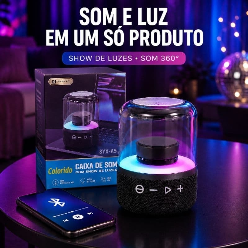 Caixa de Som Bluetooth Sumexr SYX-A5 com Luzes RGB, Som 360° e Viva-Voz