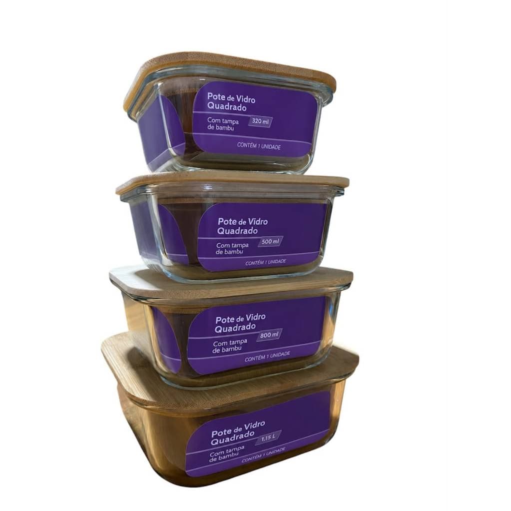 KIT 4 POTES DE VIDRO HERMETICO COM TAMPA DE BAMBU