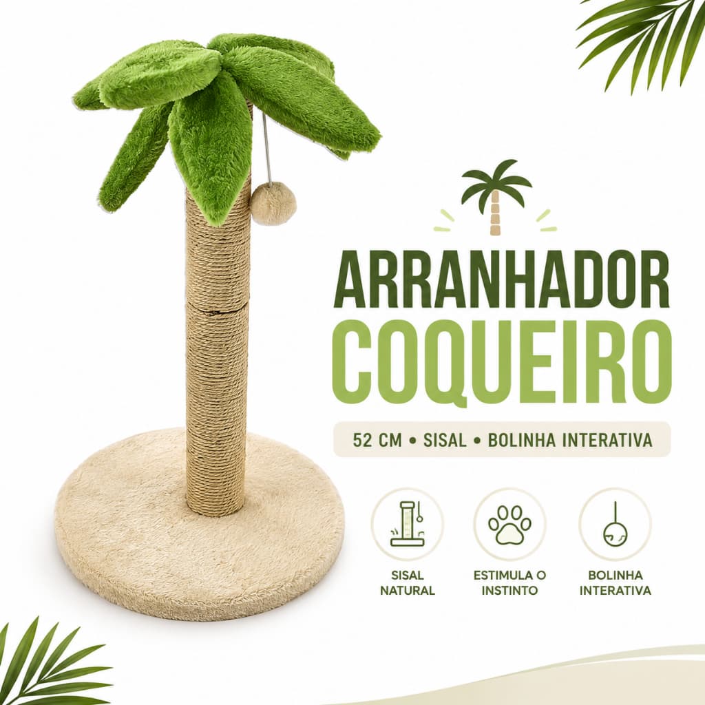 Arranhador Coqueiro para Gatos 52cm com Sisal, Bola e Base Macia Interativo