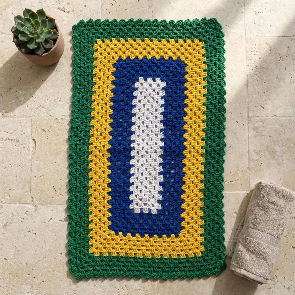 Tapete Crochê Retangular Colorido (Verde, Amarelo, Azul e Branco) 75 x 45 cm - Sala / Quarto / Cozinha / Banheiro