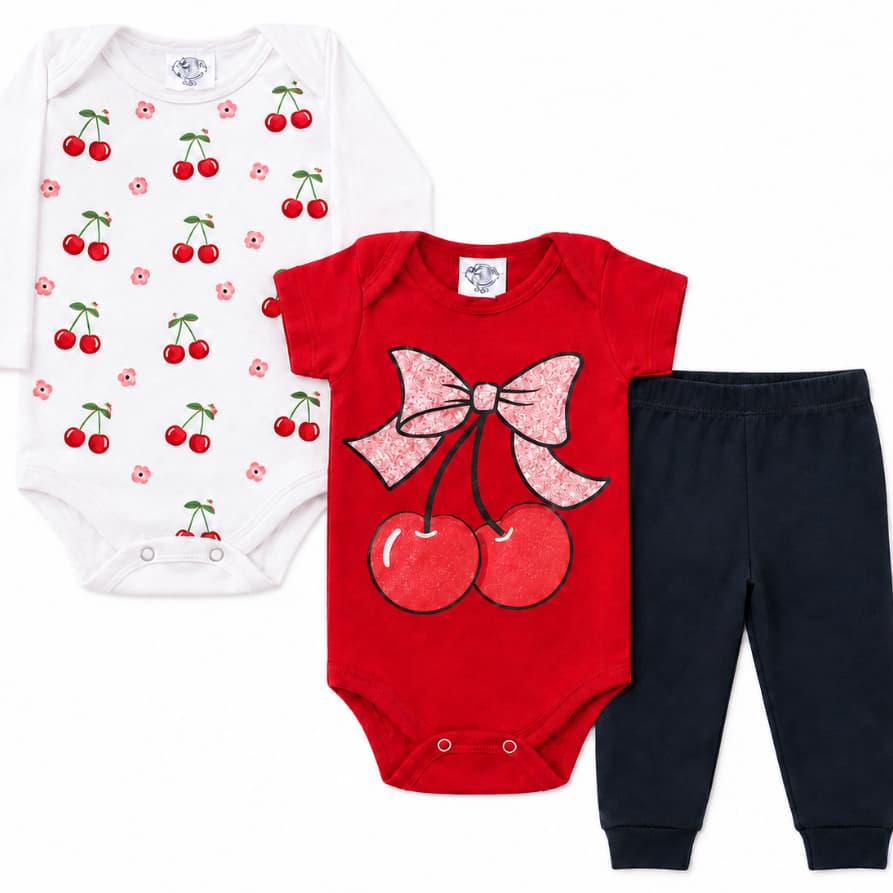 Kit body Bebê Menina 3 peças, Manga Longa, Manga Curta e Calça Roupas de Bebê