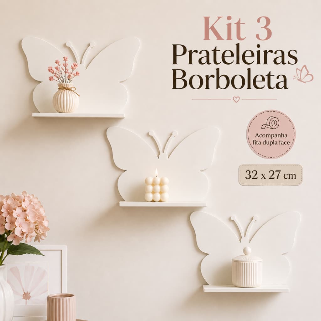 Kit 3 Prateleiras Borboleta de Parede 32cm Decorativa Porta Objetos Nicho com Fita Dupla Face