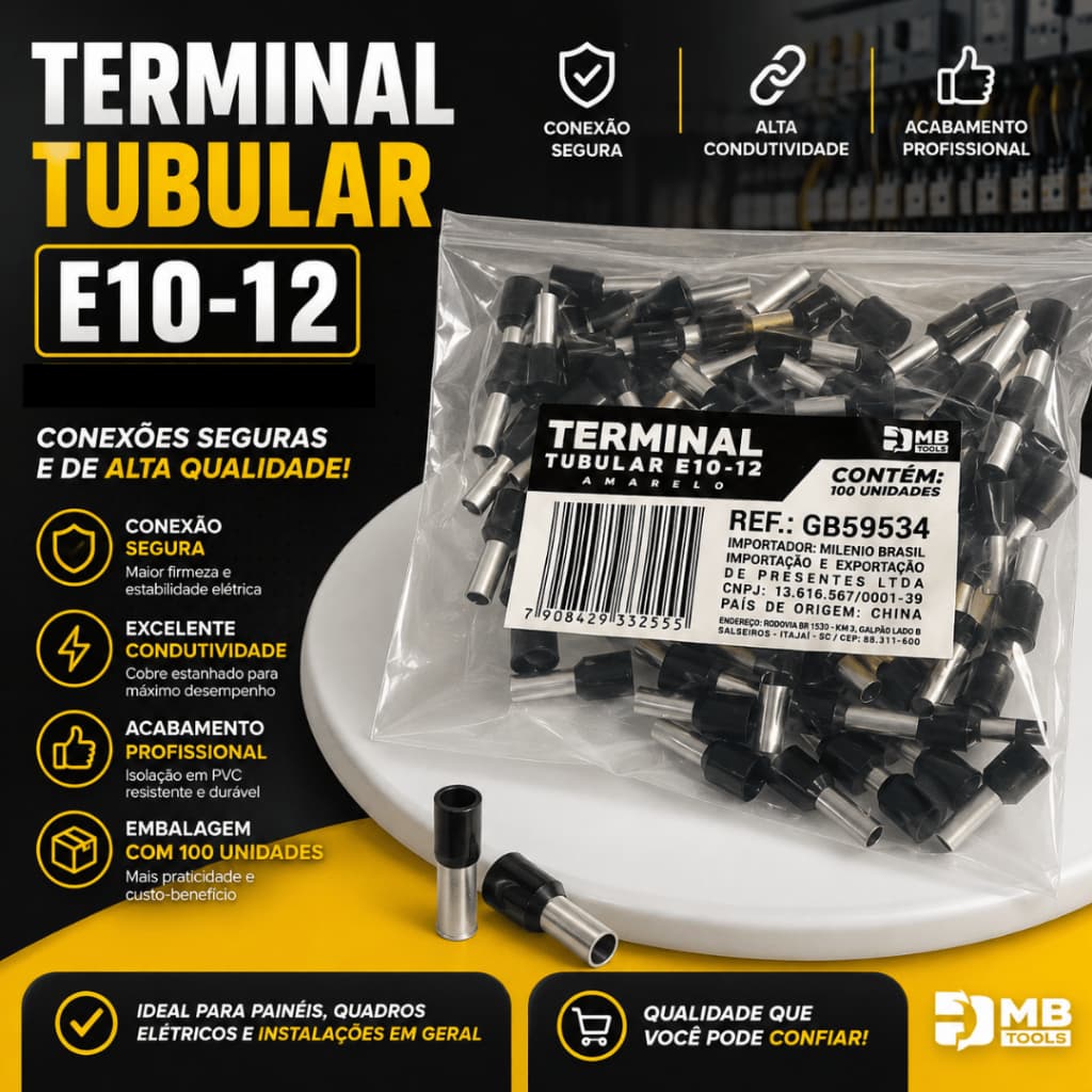 Terminal Elétrico Ilhós Tubular 10mm 100, 200, 500 e 1000 Peças