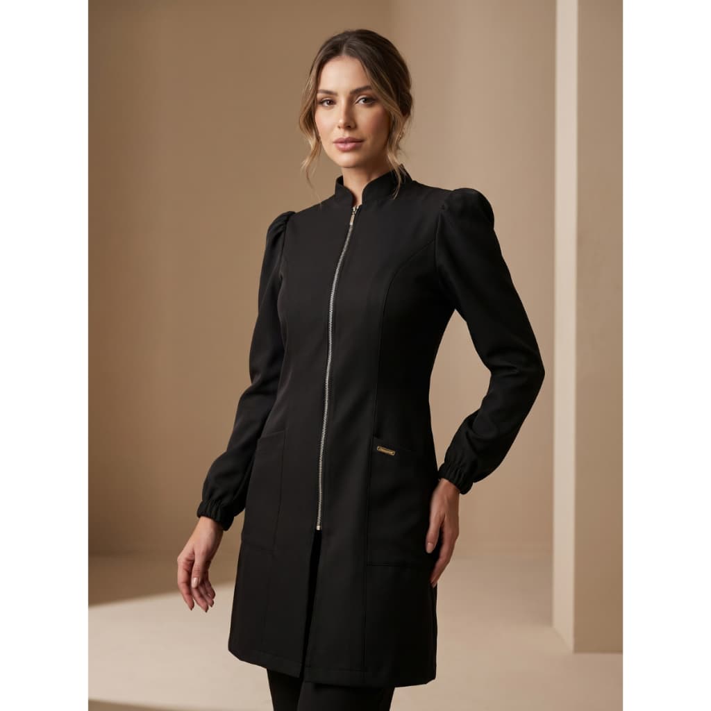 Jaleco Feminino Preto Manga Princesa Bufante Gola Padre Com Zíper Enfermeira Dentista Medicina Veterinária Jaleco Art