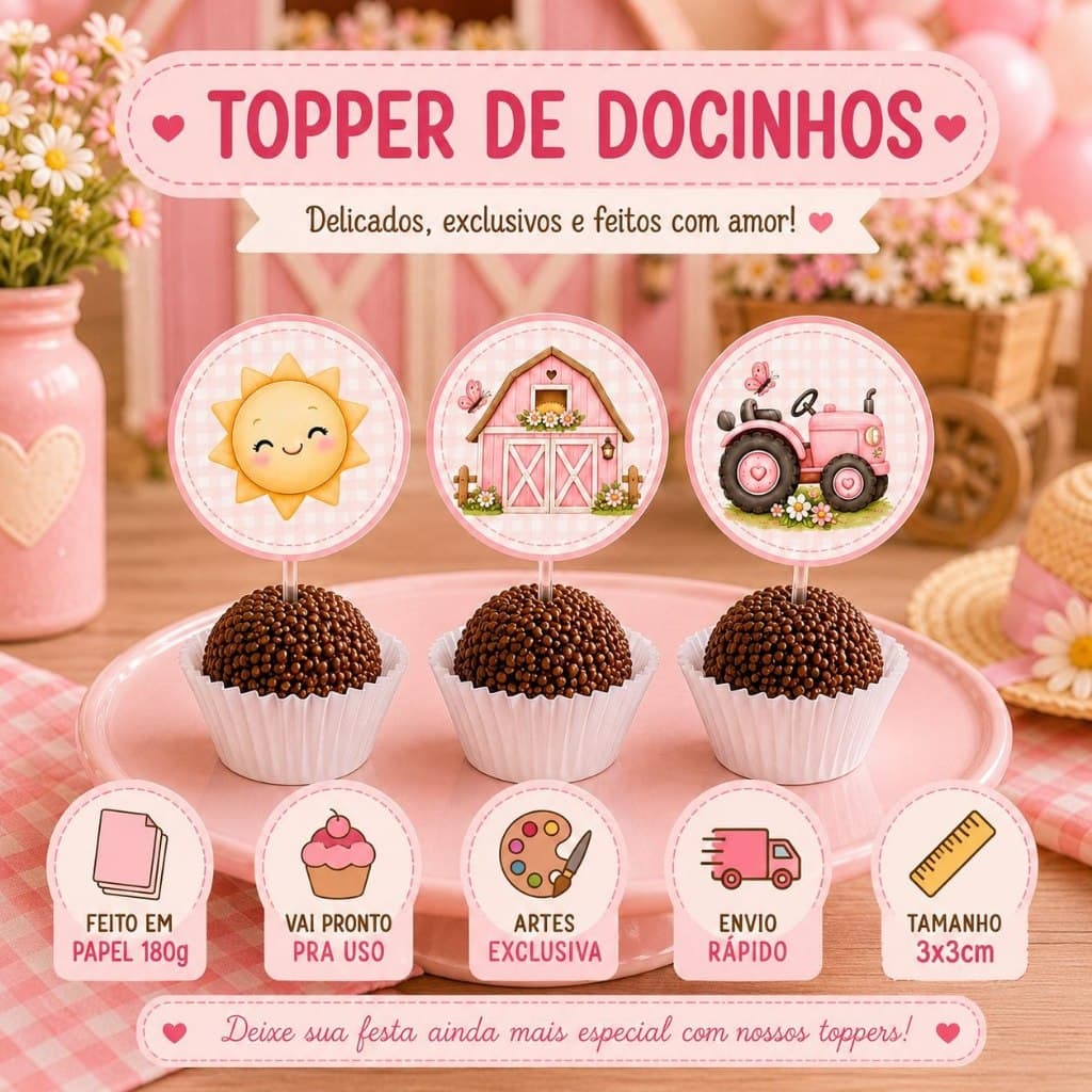 Kit Toppers para Docinhos Fazendinha | Festa Infantil Tema Fazendinha | Decoração de Aniversário - Fazendinha menina