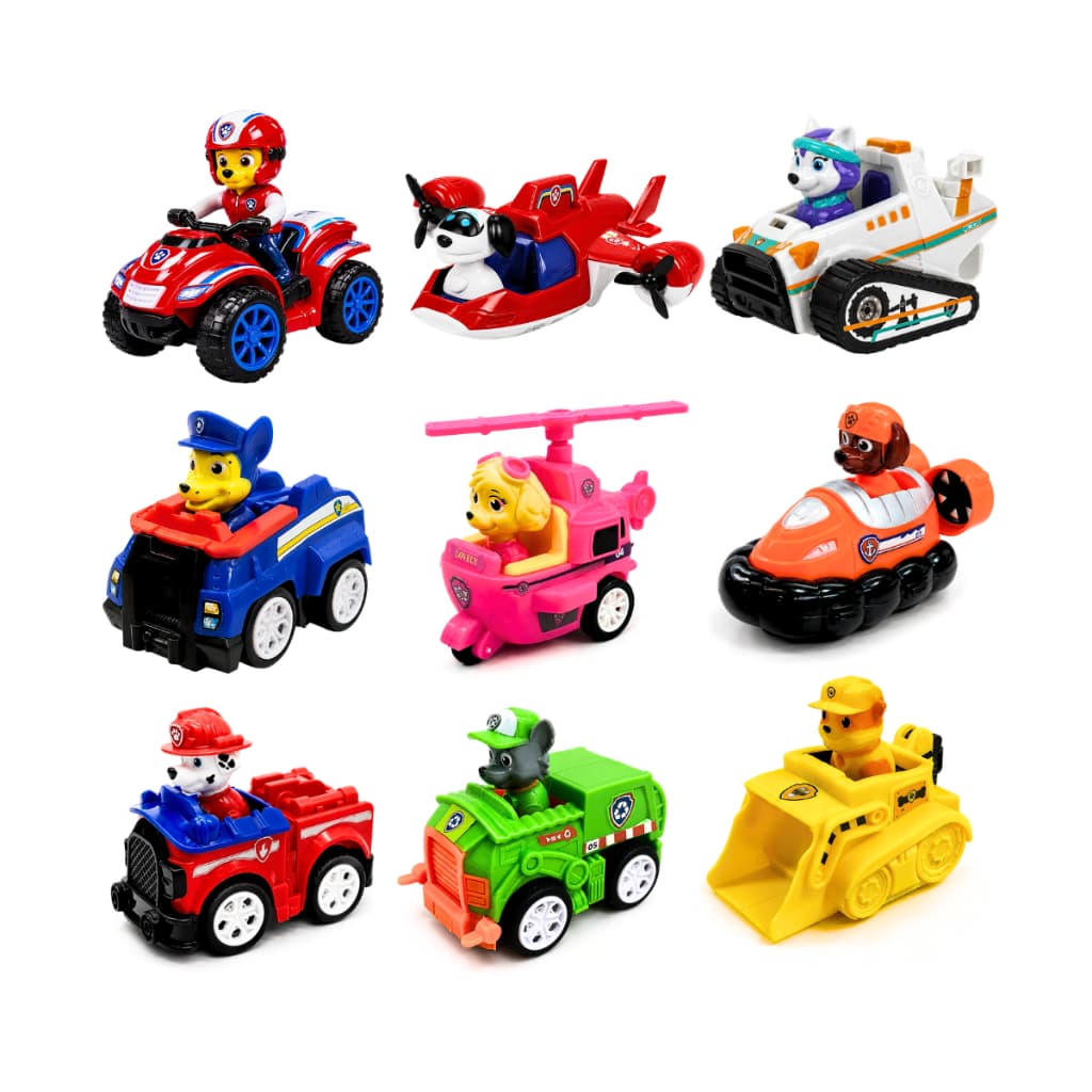 Kit 9 Carrinhos Fricção Patrulha Canina Brinquedo Infantil Skye Rocky Marshall Ryder Zuma Rubble Chase Everest Robo Dog