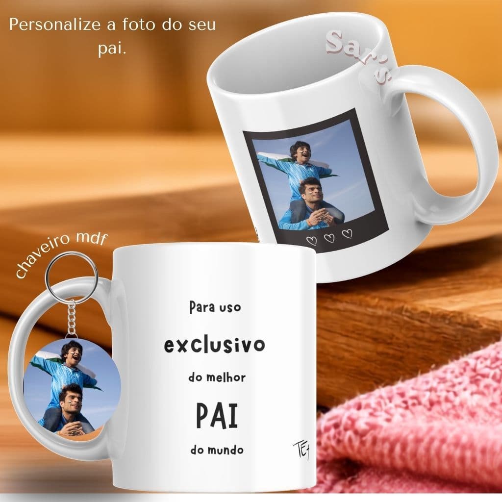 Kit Caneca personalizada- Presente Pai com Fotos + chaveiro mdf + caixa presente- Porcelana 325ml