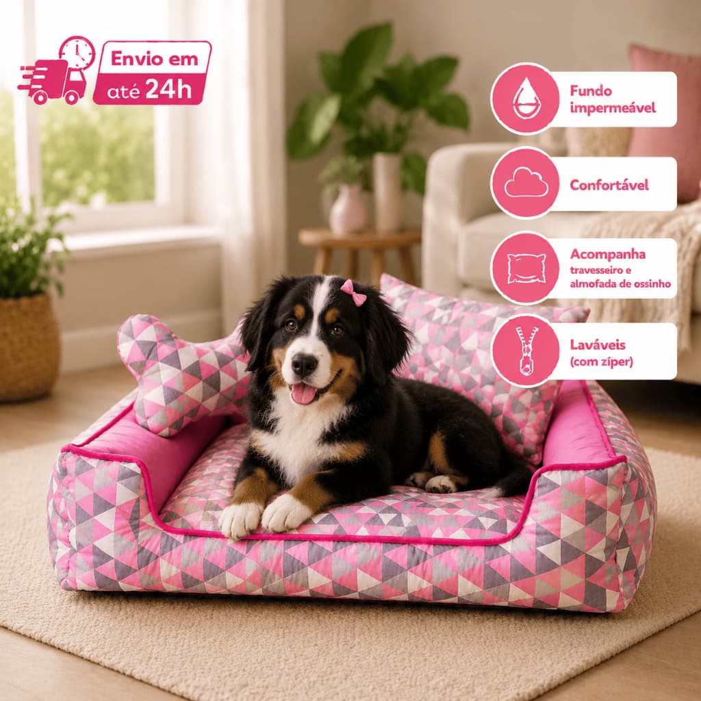 Cama Pet Luxo Rosa Triângulos Caminha para Cachorro e Gato Fundo Impermeável Lavável com Zíper + Almofada e Ossinho