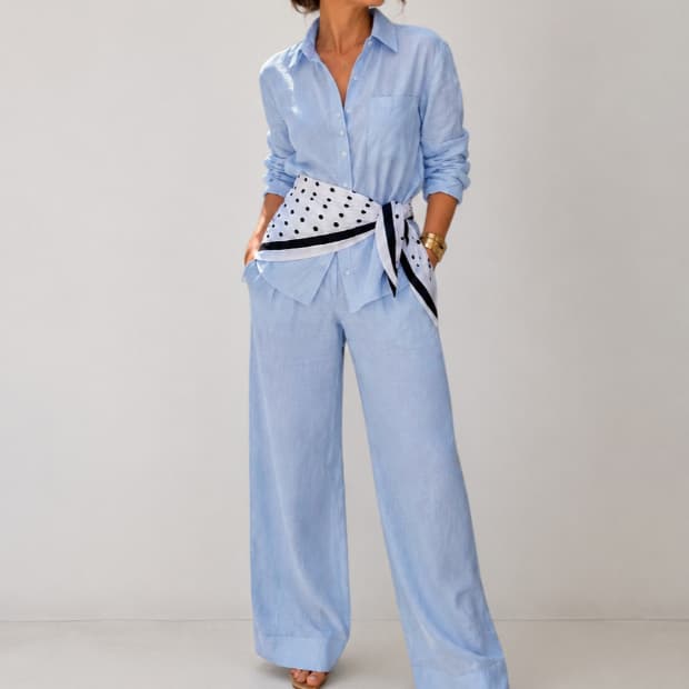 Conjunto Feminino de Linho Importado Camisa Manga Longa e Calça Pantalona Elegante Conjunto Look Casual Chic Conjunto