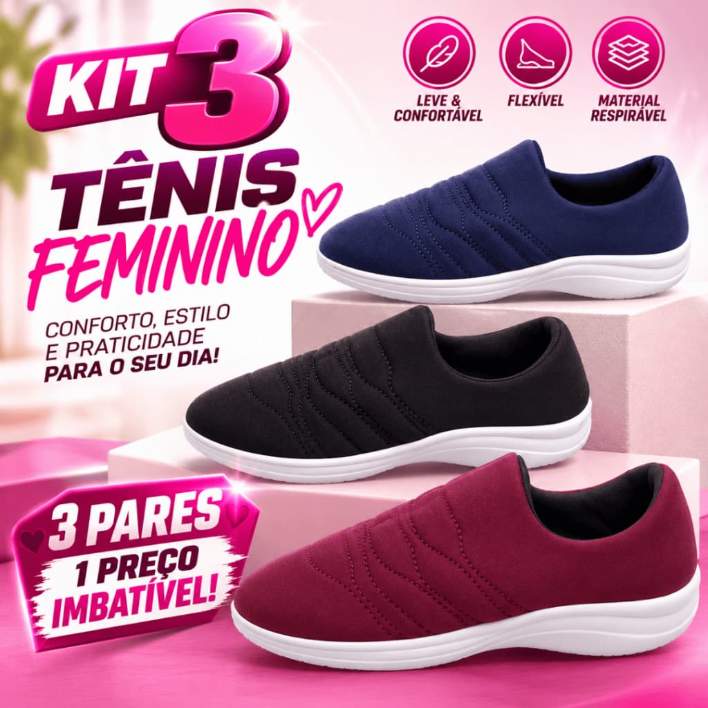 Kit 3 Tênis Feminino Bordado Calce Fácil Confortável Macio Tecido Respirável Dia Dia