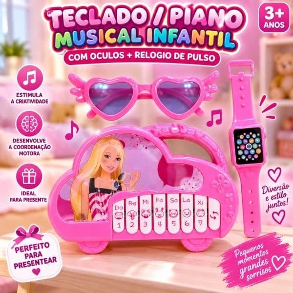 Kit Teclado + Óculos + Relógio Infantil Musical Rosa - Estimula Criatividade e Desenvolvimento