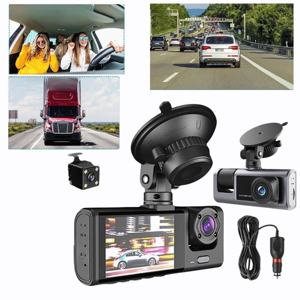 Câmera Veicular Tripla Frontal Interna Traseira com Câmera Ré Visão Noturna Motorista de APP