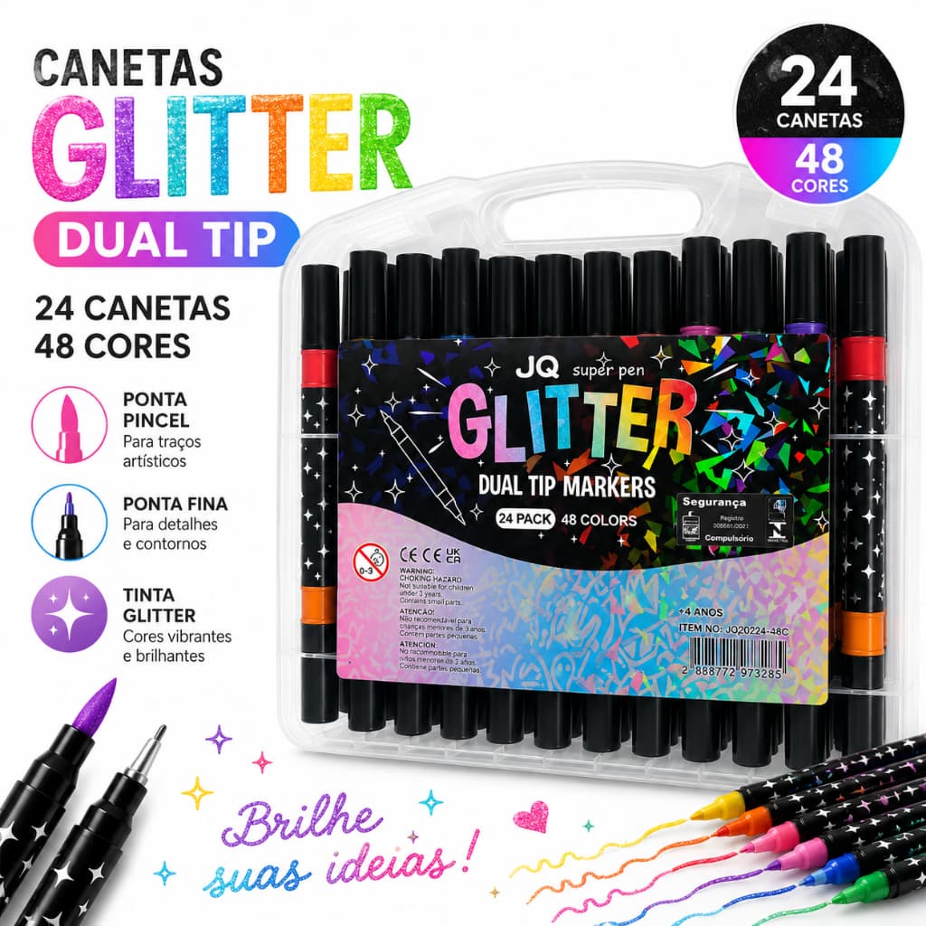 Kit Caneta Canetinha Hidrográfica Ponta Dupla Touch E Glitter Cores Desenho Lettering Escola