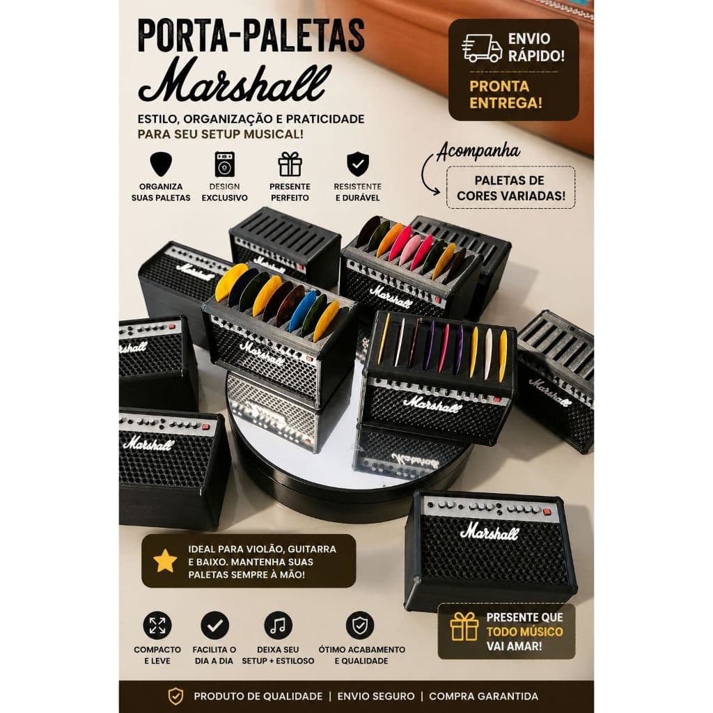 Porta-Palhetas Mini Amplificador marshall – Organizador de Palhetas, violao, guitarra, baixo