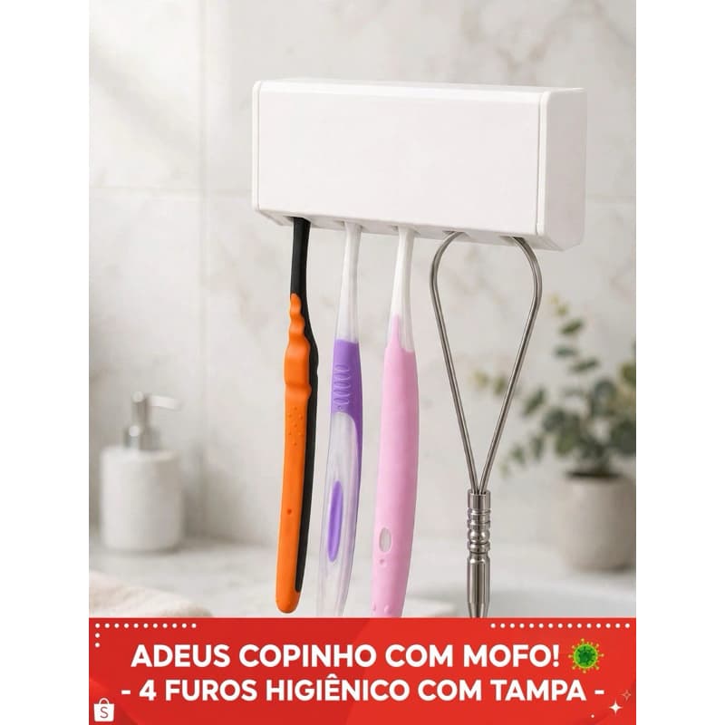 Porta Escova de Dentes Parede | Suporte Escova Dental Adesivo | Organizador Banheiro 4 Furos | Porta Escova com Tampa