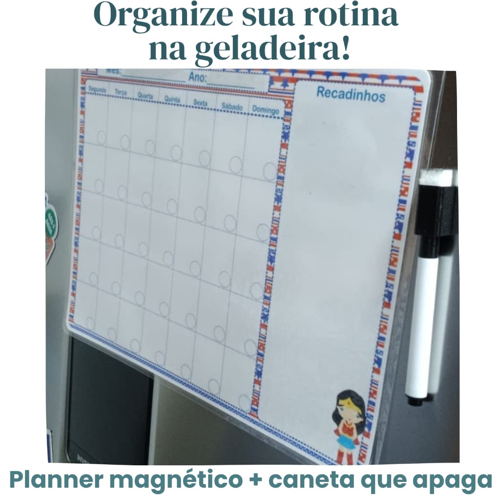 Planner Magnético para Geladeira 20x28  Lousa Quadro Branco Lista de Compras Recados Semanal com Caneta