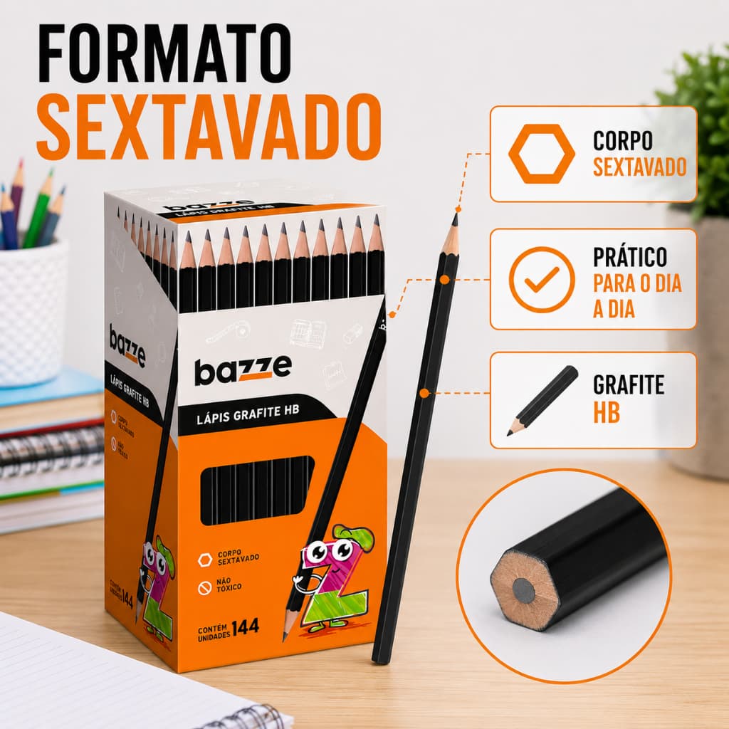Lápis de Escrever desenhar Grafite HB Bazze Sextavado Caixa com 144 Unidades Escolar e Escritório