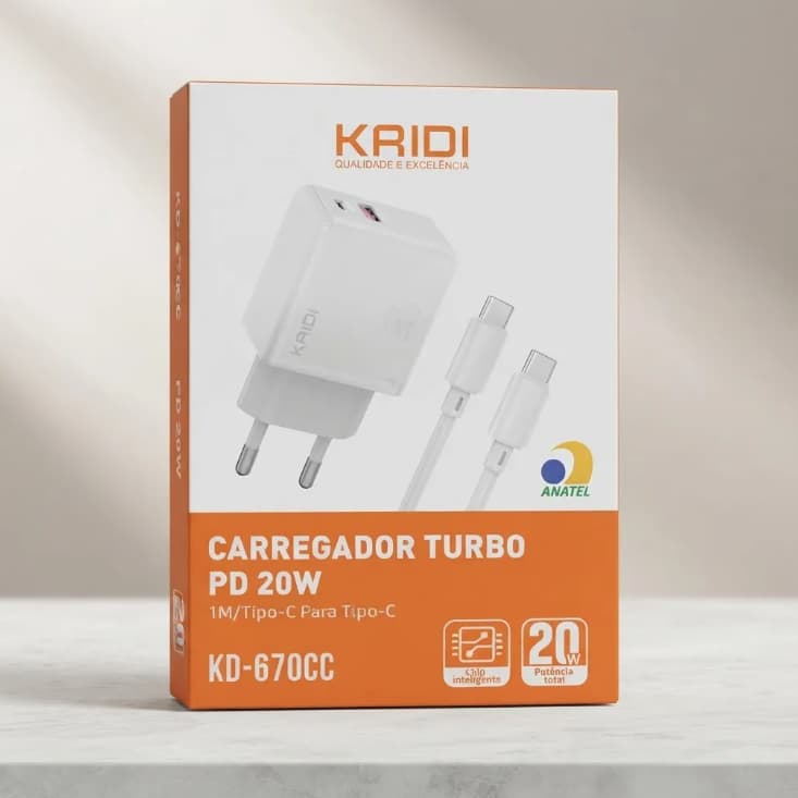 Carregador Turbo Kaidi USB Tipo C e Cabo Tipo C para Tipo C - KD-670CC