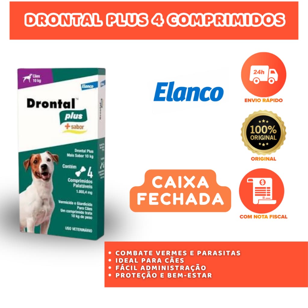 DRONTAL PLUS 4 COMPRIMIDOS VERMÍFUGO E ANTIPARASITÁRIO PARA CÃES