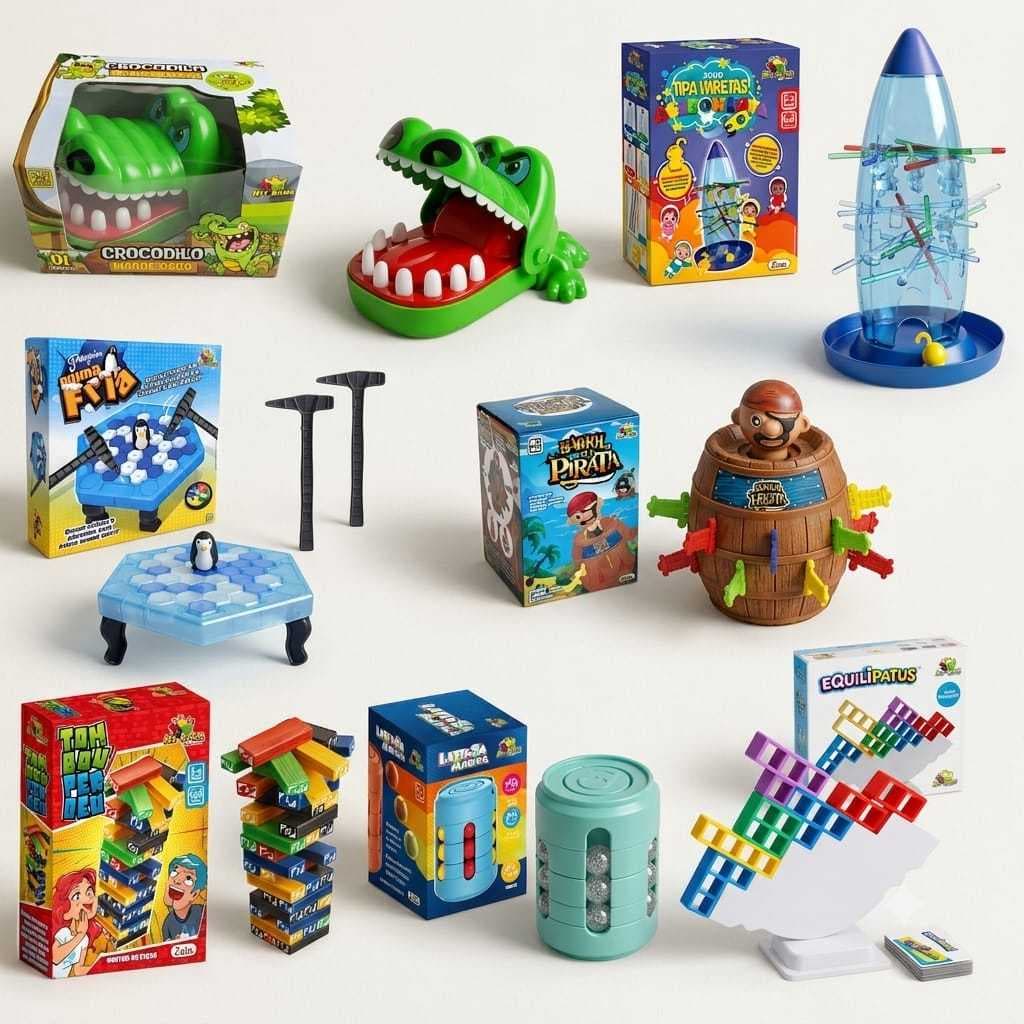 Kit 7 Jogos Educativos(Tira vareta+Pinguim+Pirata+Crocodilo+mini Equilipato+Tombou+Latinha)