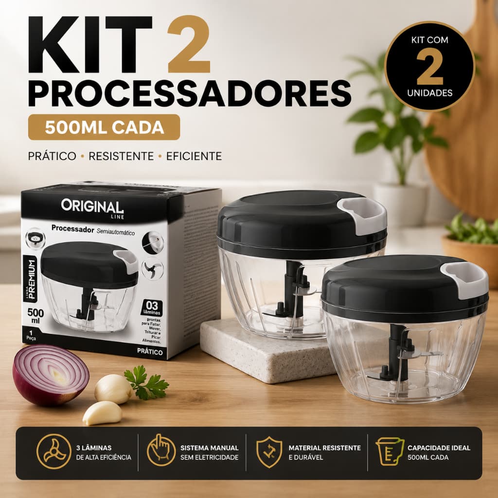 Kit 2 Processadores de Alimentos Manual 500ml 3 Lâminas Aço Inox