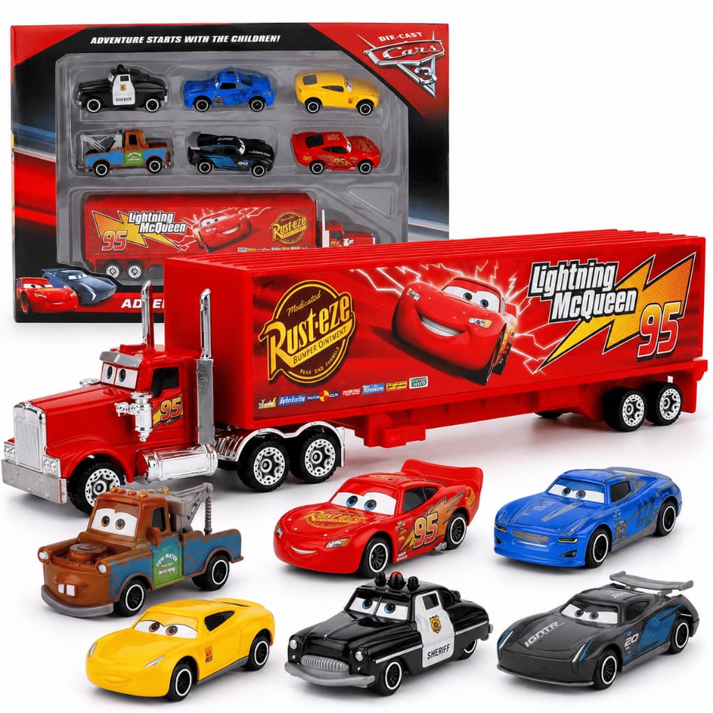 Mcqueen Caminhão Carreta Com 6 Carros Disney Coleção Brincadeira