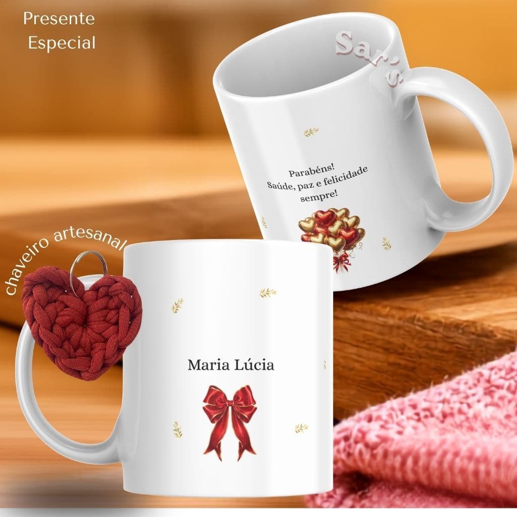 Caneca Personalizada Parabéns + Chaveiro coração + Caixa presente / Xícara Porcelana 325ml