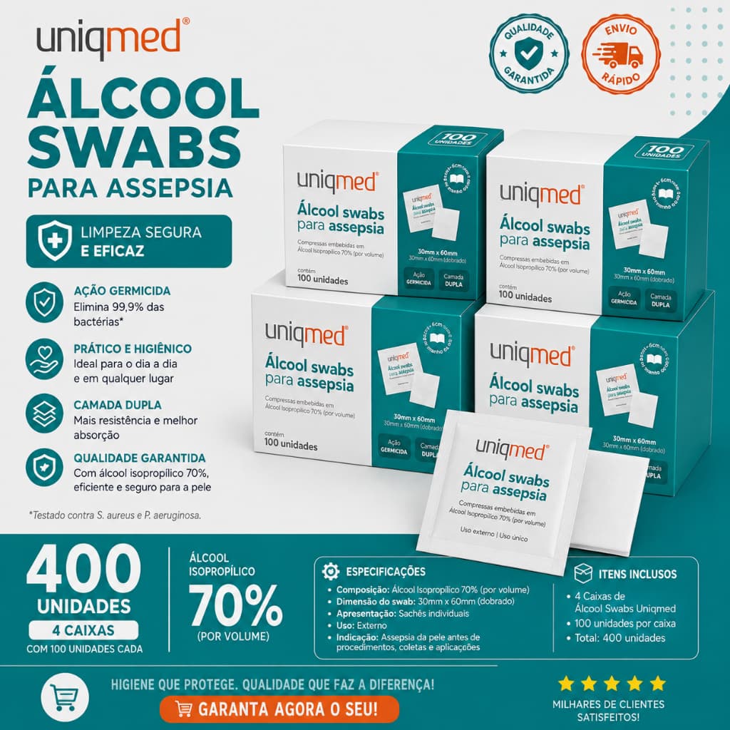 Kit Alcool Swab Isopropílico 70% Uniqmed 400 Unidades Lenço para Assepsia Sachê Profissional Camada Dupla