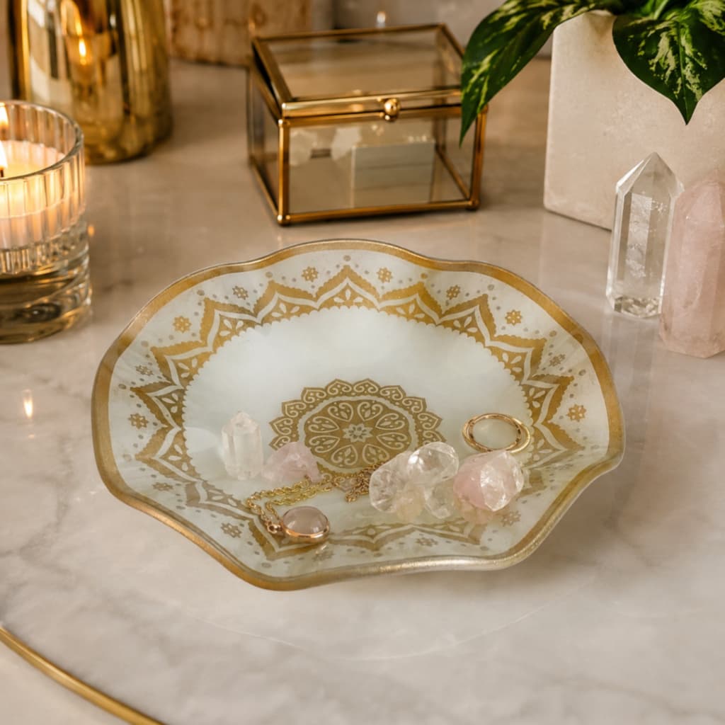 Porta Jóias de Vidro Decorado Luxo Redondo 14cm Organizador Elegante nas Cores Branco e Dourado.