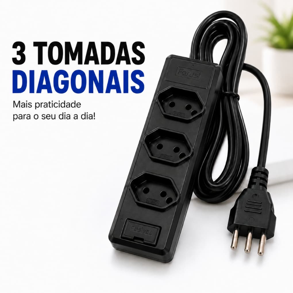 Extensão Elétrica Régua 3 Tomadas Bivolt com Fusível 1,15m Tomada Preta