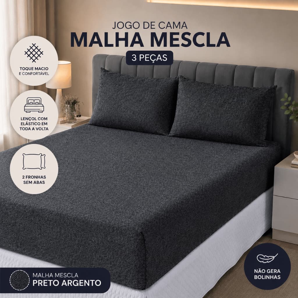 Jogo De Cama King 3 Peças Malha Mescla Argento Liso com Elástico Moderno Minimalista Lençol e Fronhas Macio Confortável