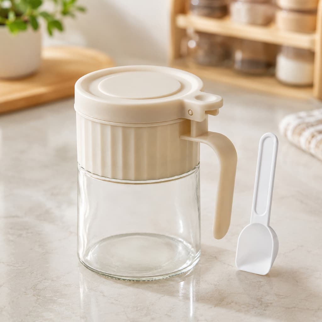 Porta Condimentos Vidro 280ml Colher Tampa Hermética Açúcar Especiarias Cozinha Organizador Redondo
