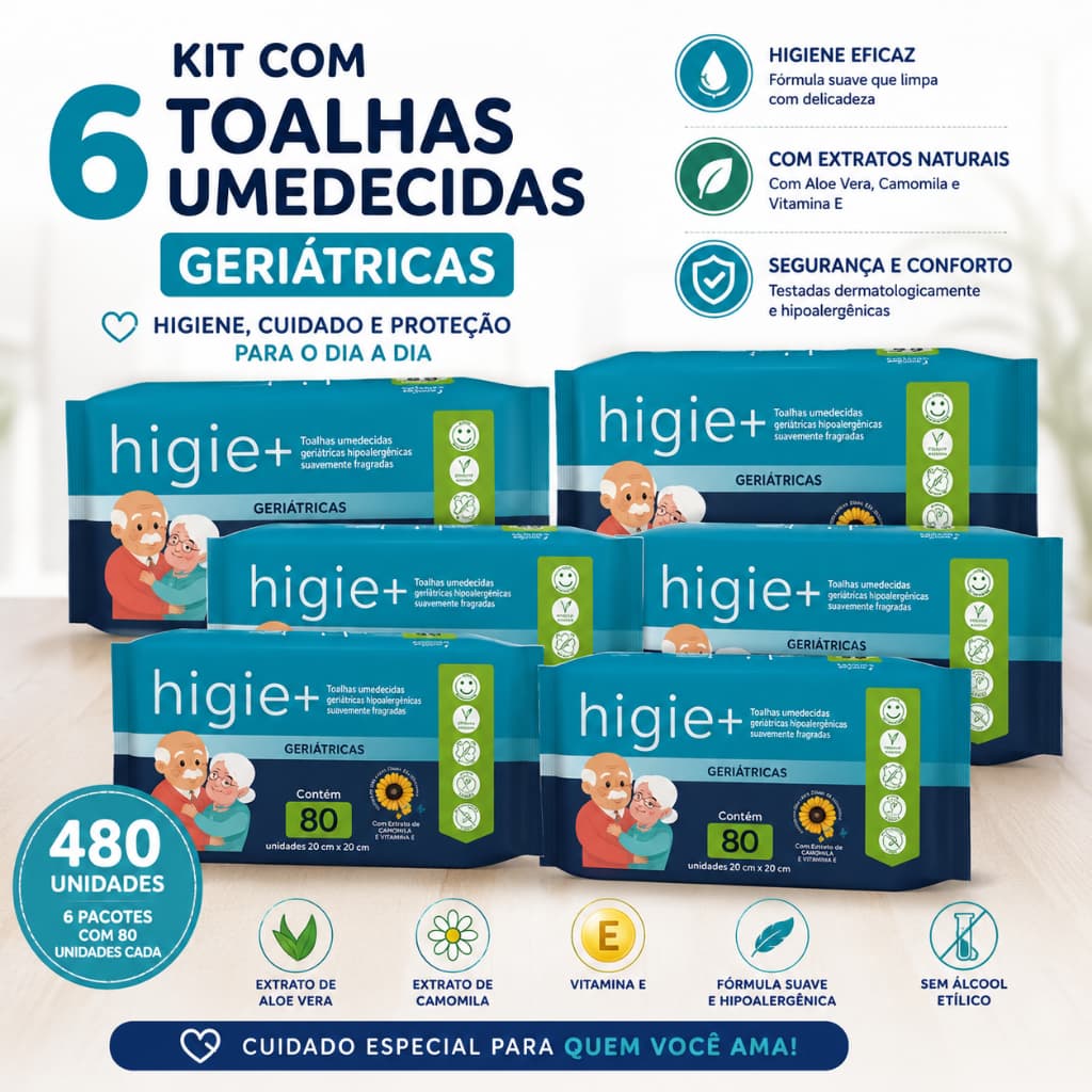 Kit 6 Pacotes Lenços Umedecidos Higie Plus 80 Unidades Adulto Geriátrico