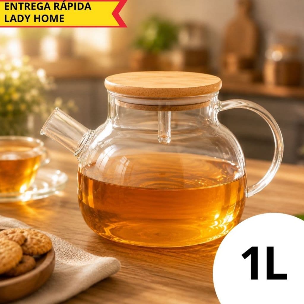 Chaleira Vidro Tampa De Bambu 1 Litro Elegante Chá Café Mesa Posta