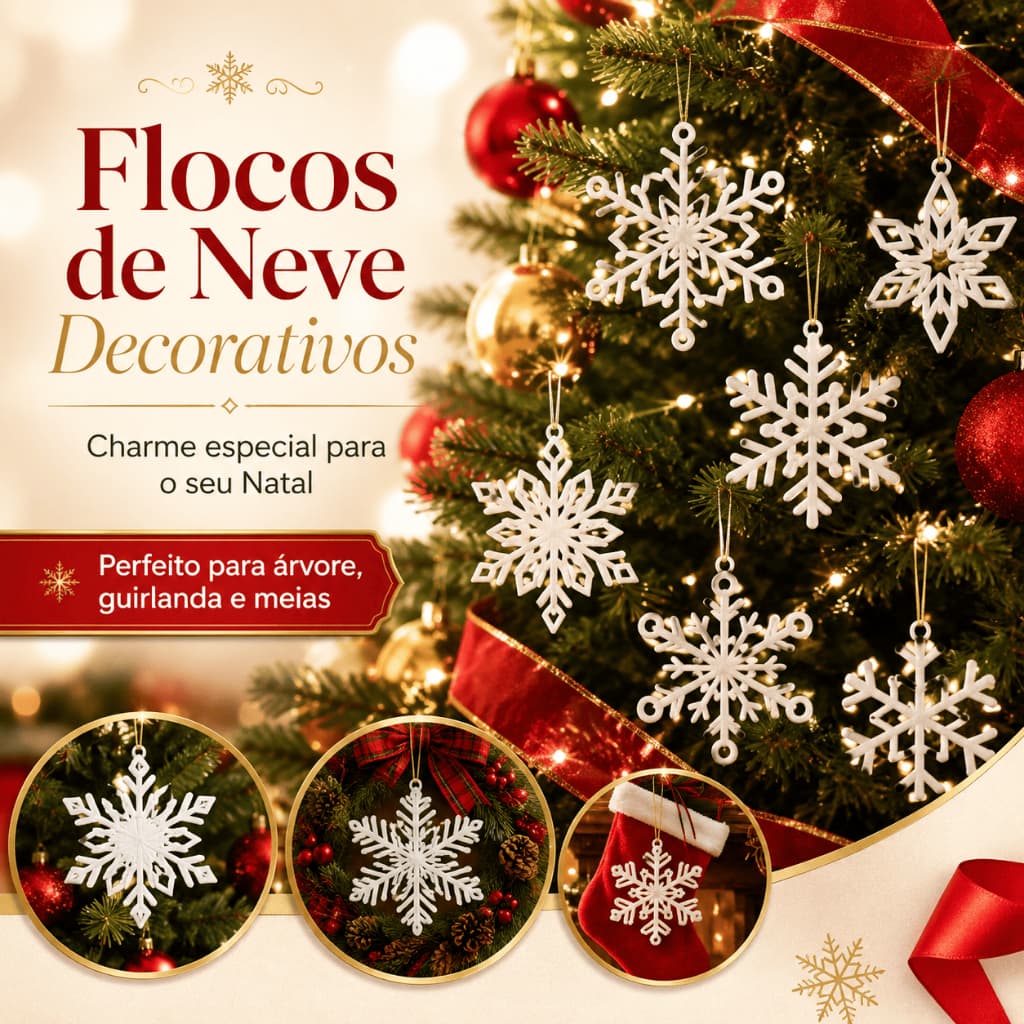 Kit Flocos de Neve Natalinos para Árvore de Natal – Enfeites Decorativos Branco 5, 10 ou 15 Unidades