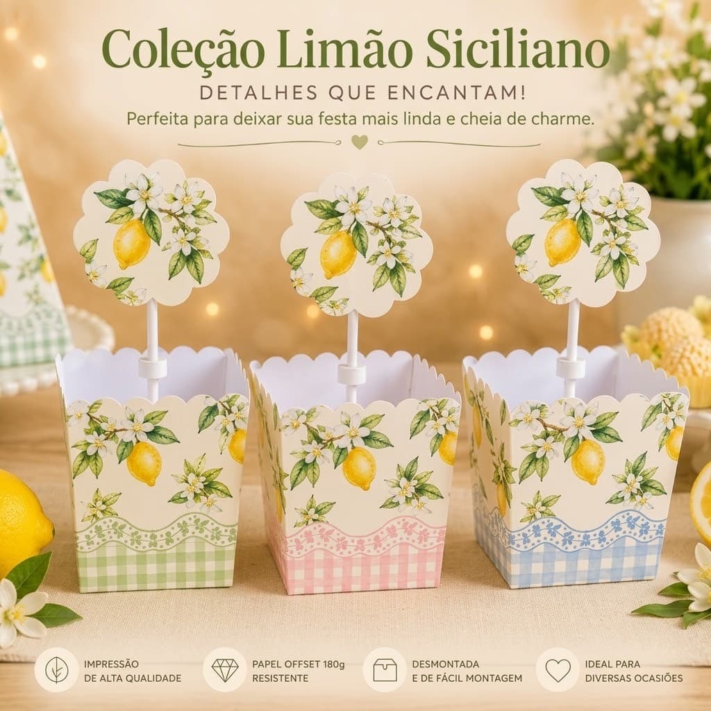 Cachepô Centro de Mesa Limão Siciliano com Topper Decoração Festa Lembrancinha