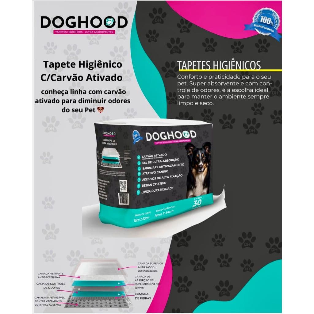 Tapete Higiênico Doghood para cães Carvão Ativado, Antivazamento e Ultra Absorção 80x60 com 30 unidades.