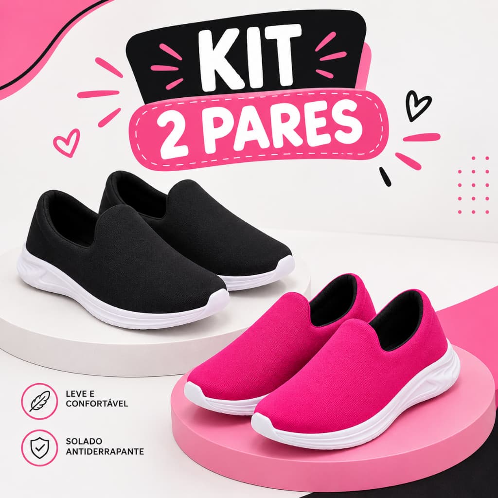 Kit 2 Pares Tênis Calce Fácil Infantil Confortável Menino e Menina do 27/33 Preto e Pink