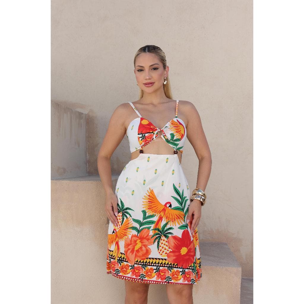 Vestido Curto  Feminino Estampa Tropical  Com bojo alça Regulavel  Amarra atrás,Tecido Crepinho  Verão Tendencia