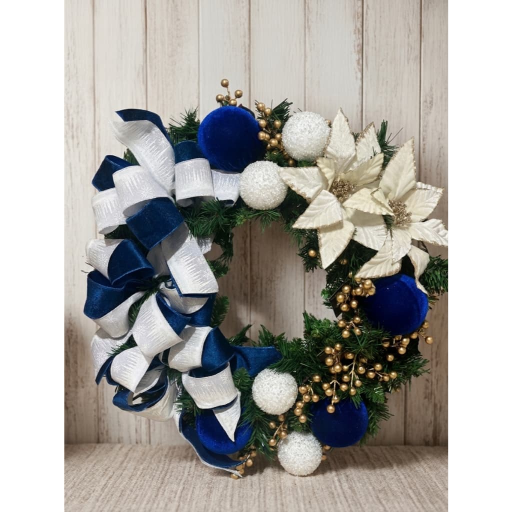 Guirlanda De Natal 60cm Luxo Azul, Branco E Dourada Porta Elegante e Moderna Premium Decoração Natal