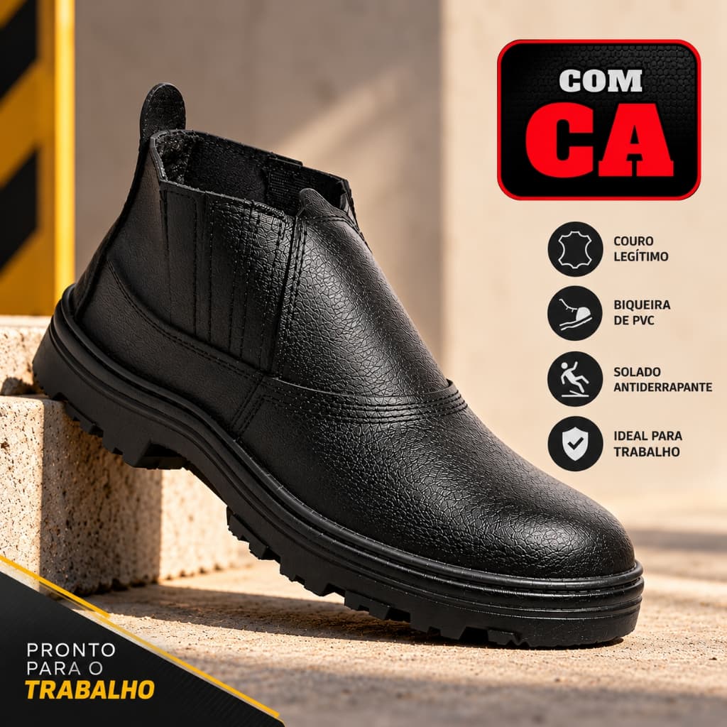Botina Profissional Masculina Segurança EPI Com CA Couro Bico PVC Trabalho Construção Civil