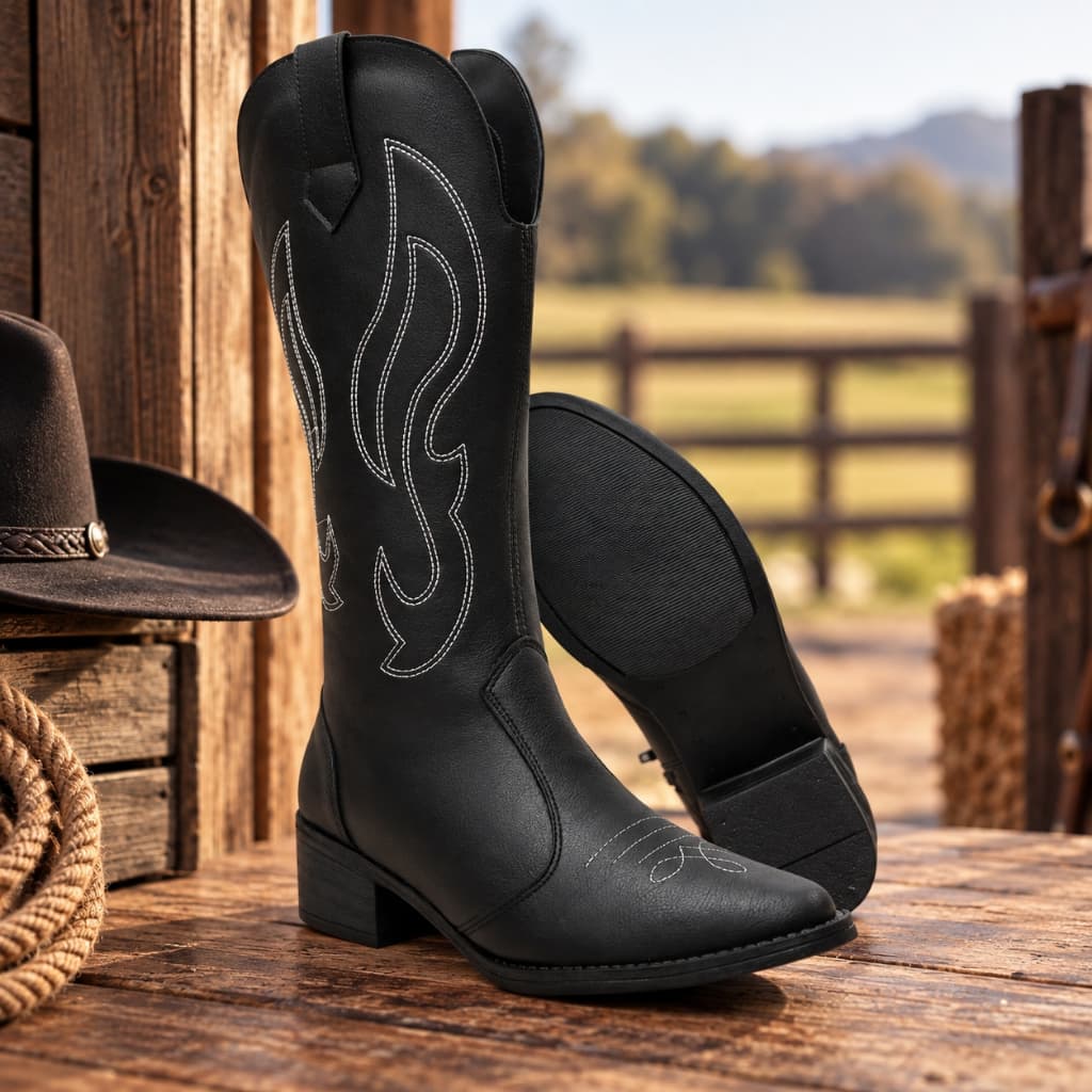 Bota Texana Country Preta Cano Alto Bordada Cowboy Western Rodeio Cavalgada Sertanejo
