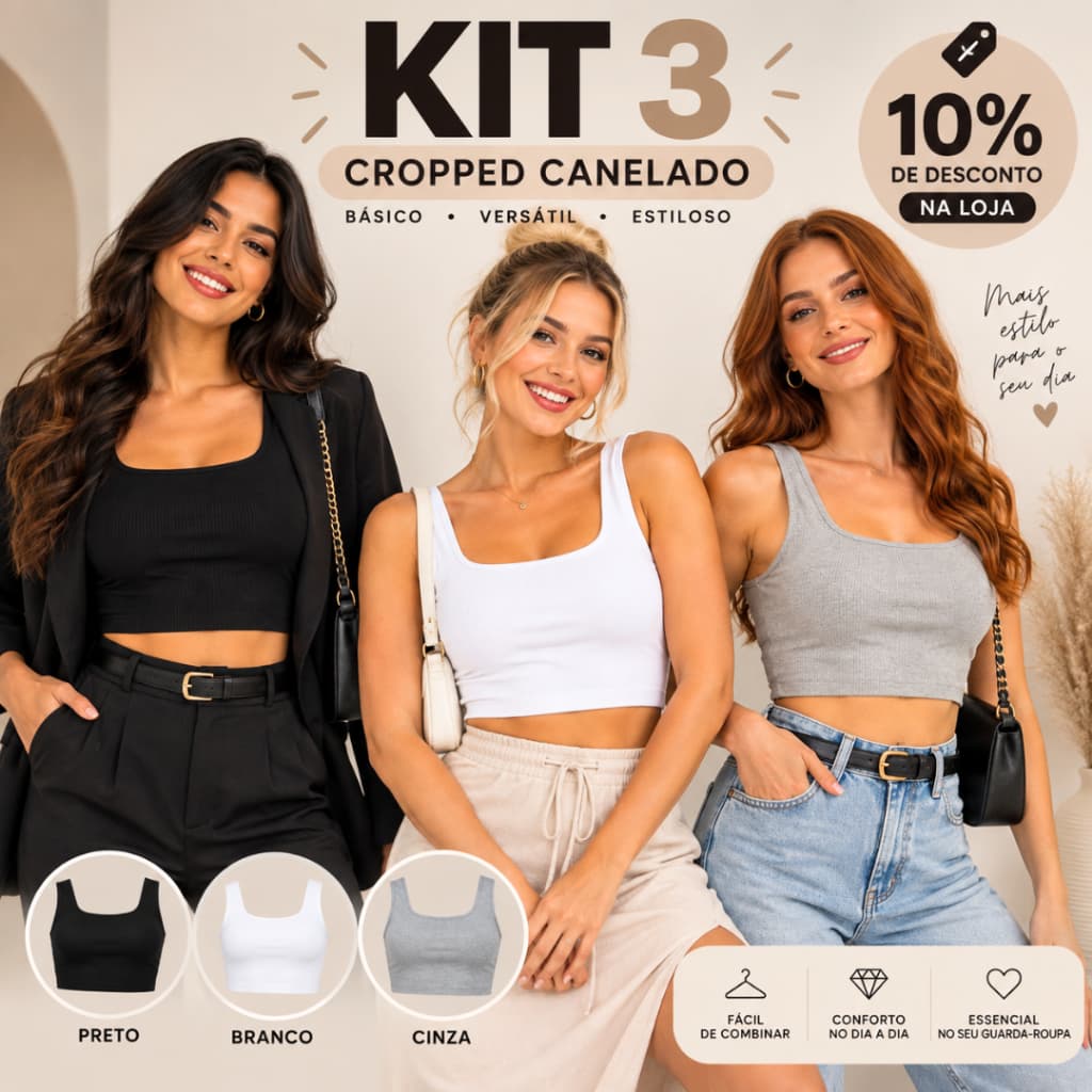 KIT 3 CROPPED FEMININO CANELADO BLUSA FEMININA BÁSICA TOP CROPPED