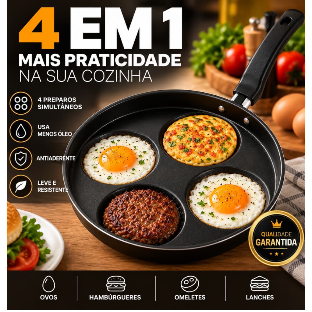 Frigideira Antiaderente 4 Divisórias Multiuso 4 em 1 para Ovos Hambúrguer Omelete Preta